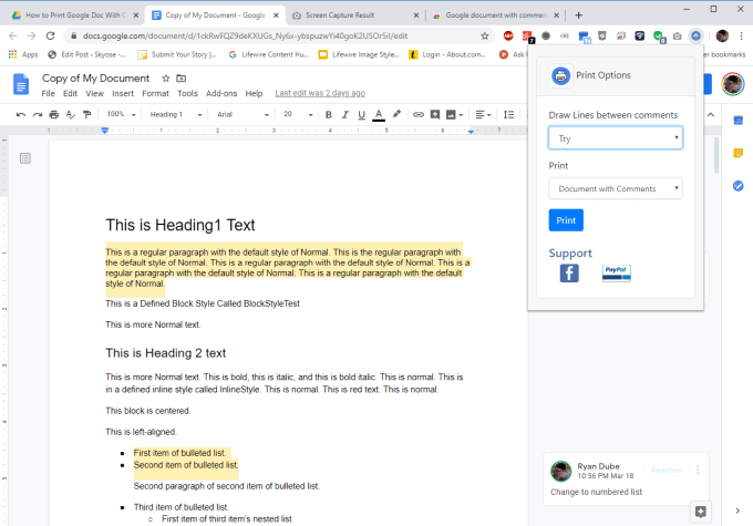 capture decran de commentaires dans google docs