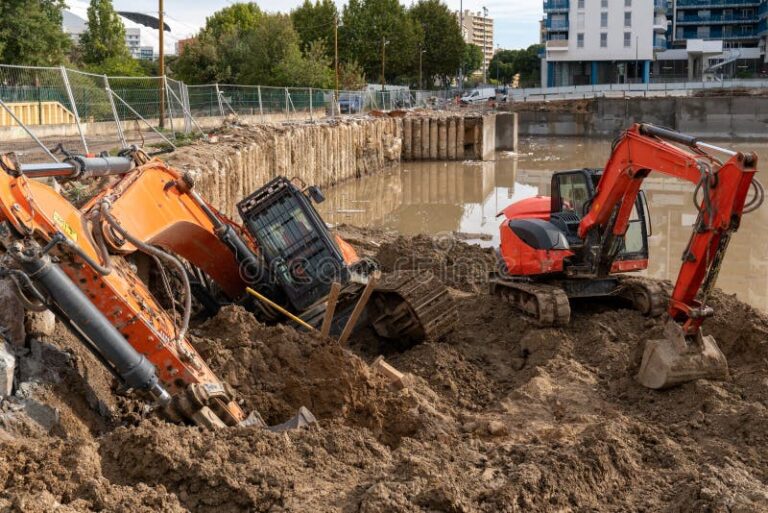 chantier btp sous une pluie battante