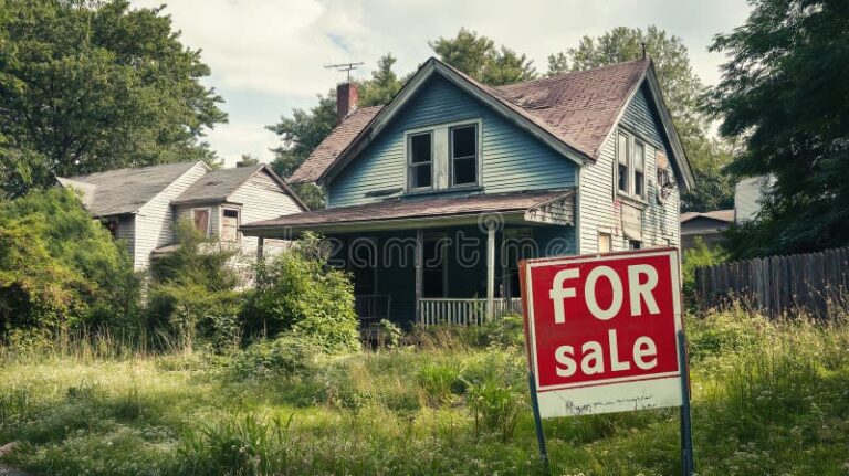 maison abandonnee avec signe de vente